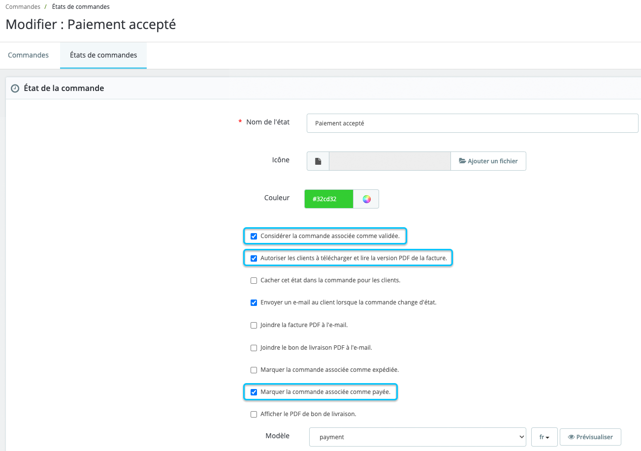 Etat de la Commande Création Facture Prestashop 