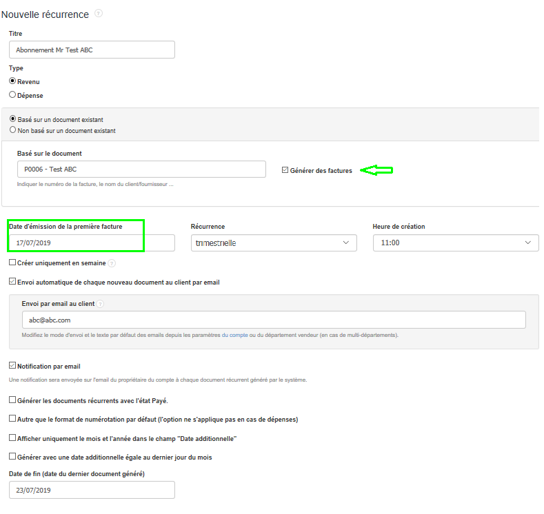 Facture Récurrence Variable Date Trimestrielle Formulaire Creation