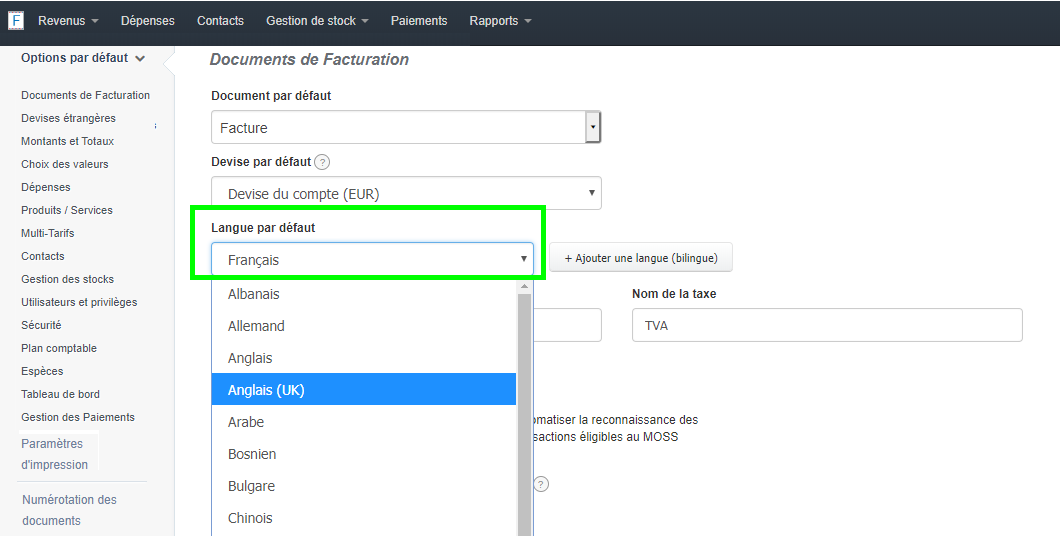 Langues Proposées Choix des langues Option VosFactures.fr Facturation Internationale