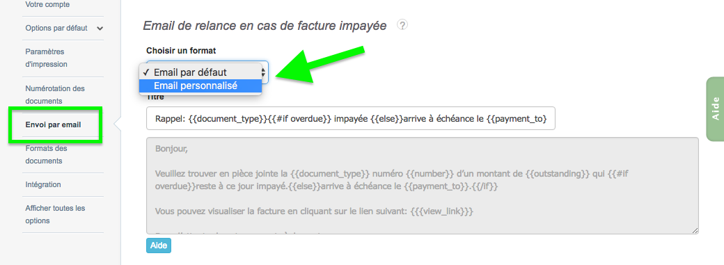 Paramétrage Contenu Email Personnalisé Pour Facture Impayé