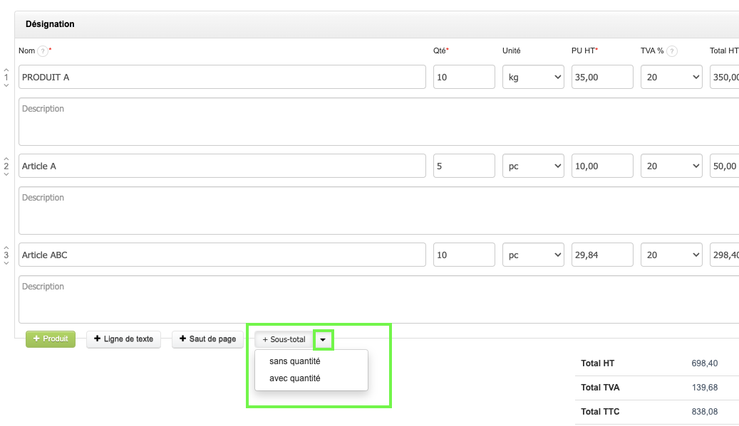 Facture Devis avec Sous total