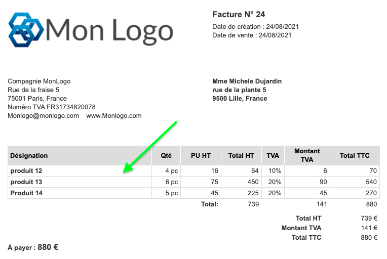 Exemple de Facture personnalisé 