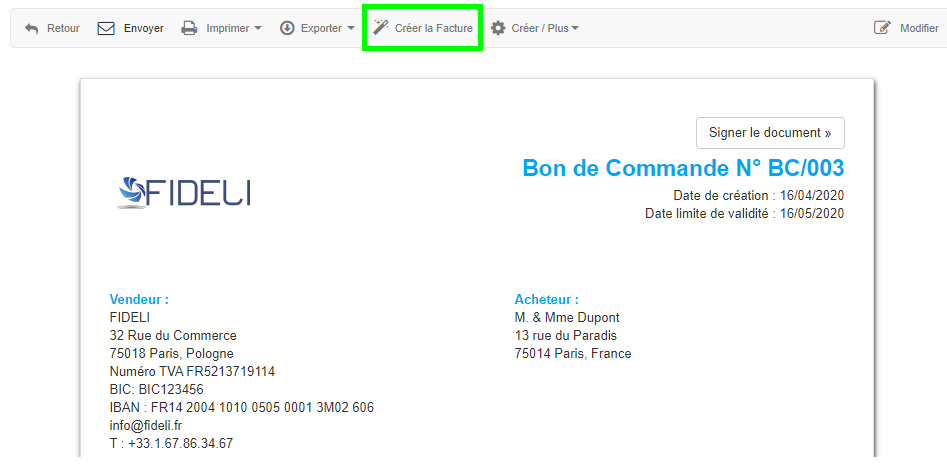 Facturation Création Facture depuis un Bon de Commande Rapidement VosFactures