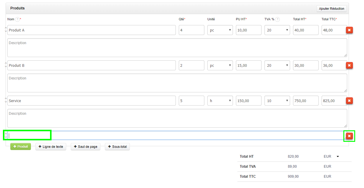 Insérer des Lignes de Texte dans le Tableau des Documents Facture aéré Mention Facturation VosFactures