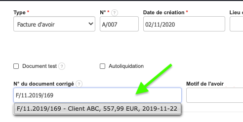 Logiciel Création Facture d'Avoir Sélection facture à corriger