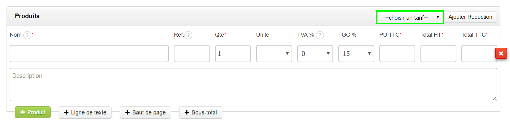 Choisir Tarif Specifique Tableau Produit