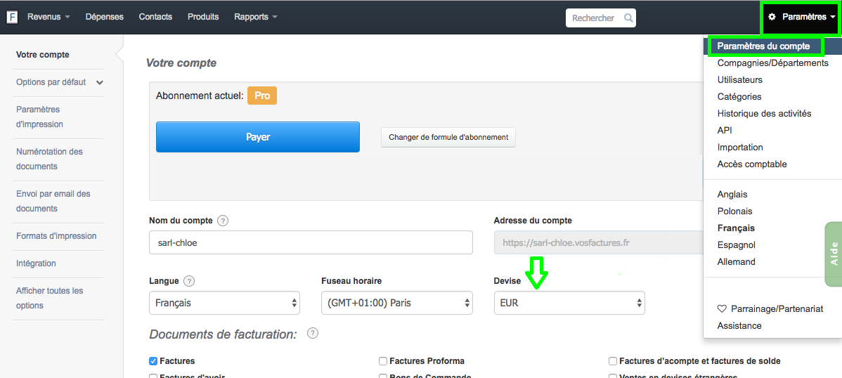 Choix de la Devise du Compte Facturation VosFactures.fr