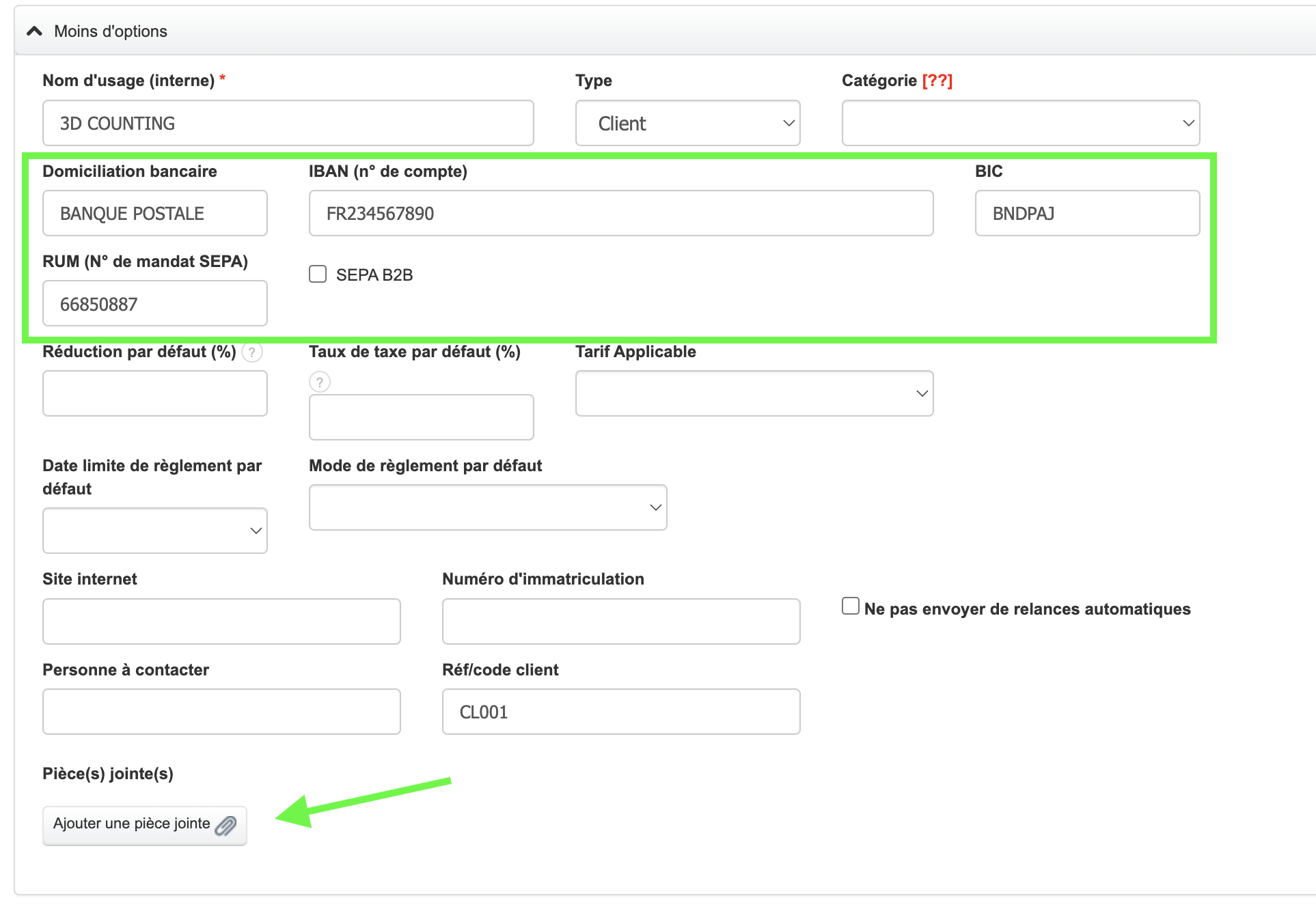 fiche client contact coordonnées bancaires mandat prélèvement SEPA