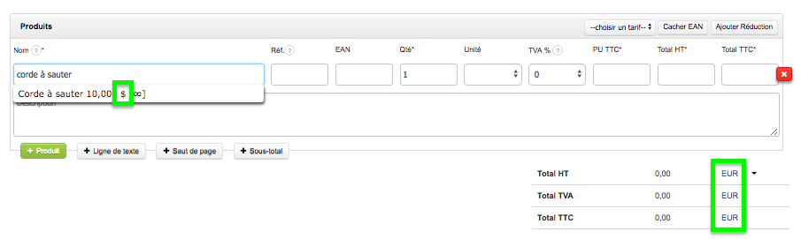 Devise du Produit Service COmpte Option VosFactures.fr Facturation 