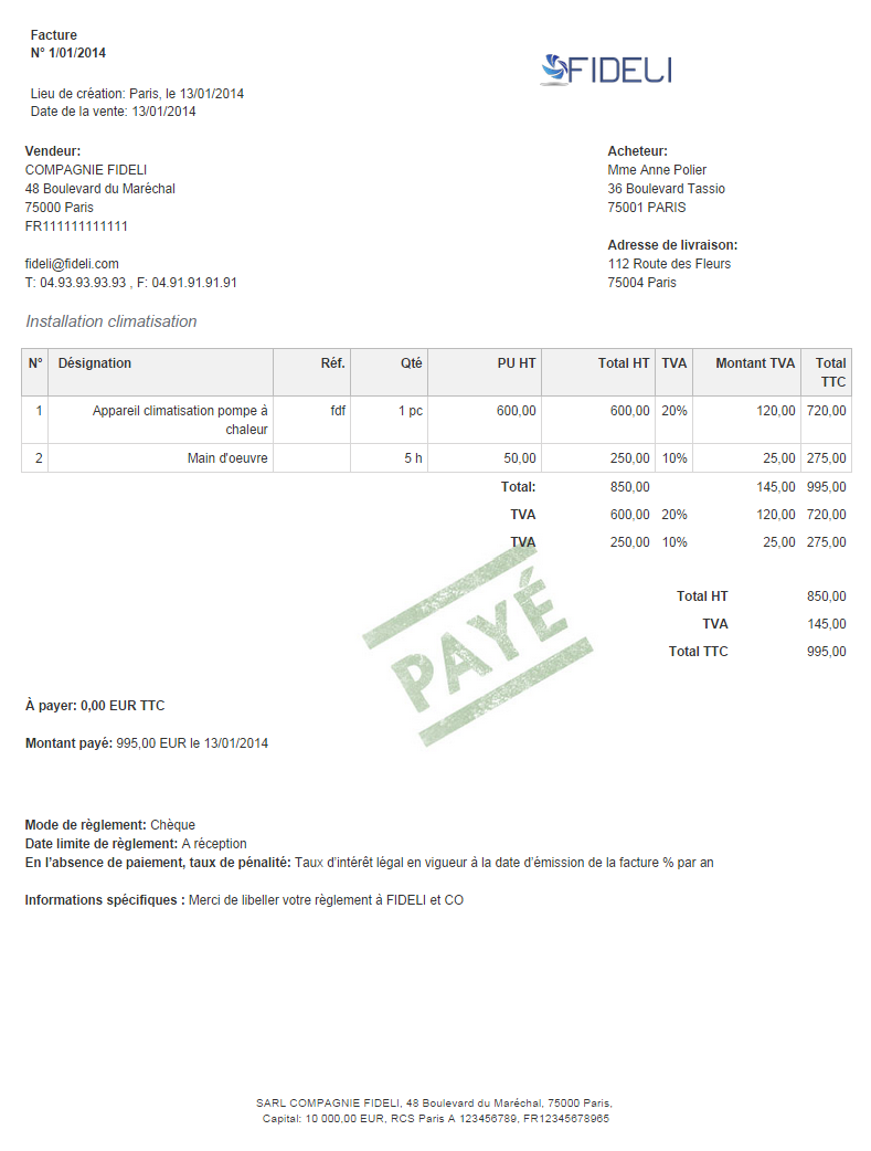 facture acquittée avec tampon Payé