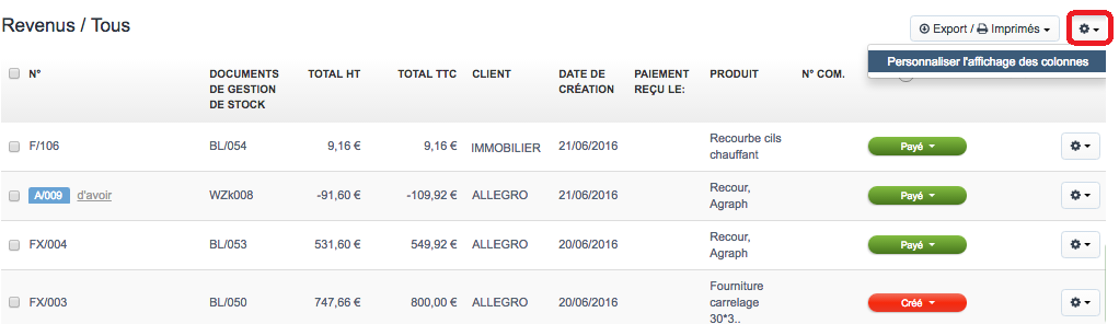Facturation Personnaliser Affichage Colonne Revenus