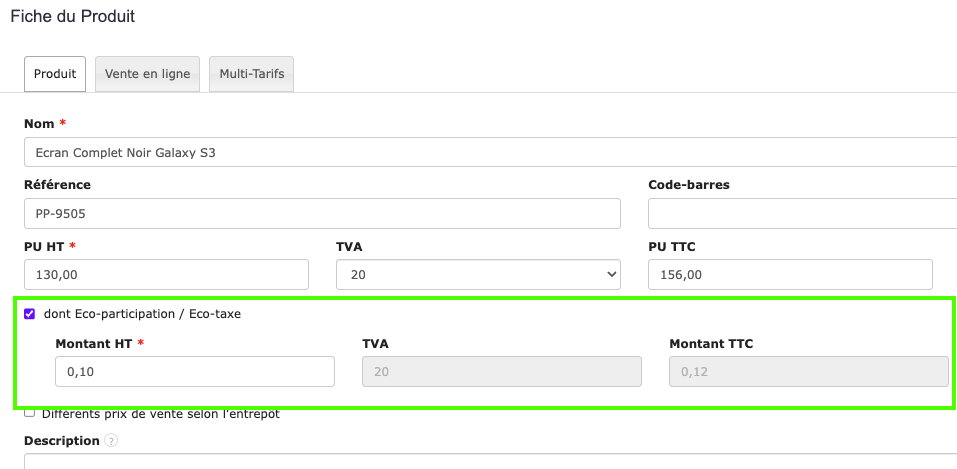 Produit prix ht dont éco participation