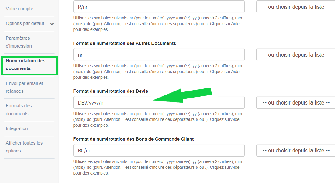Choisir Format Numérotation Devis Facture
