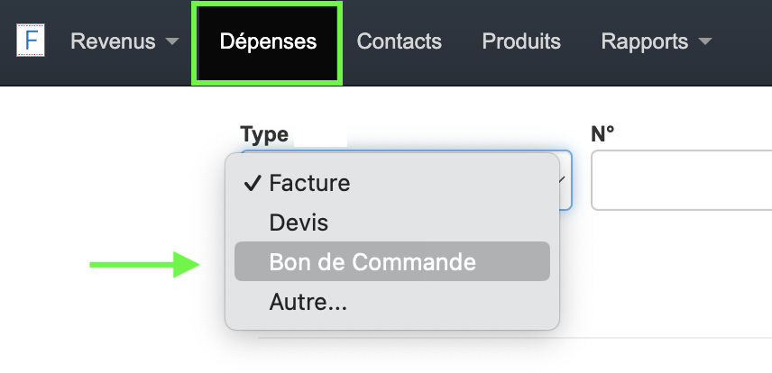 Bon de commande facile dépense facture achat fournisseur