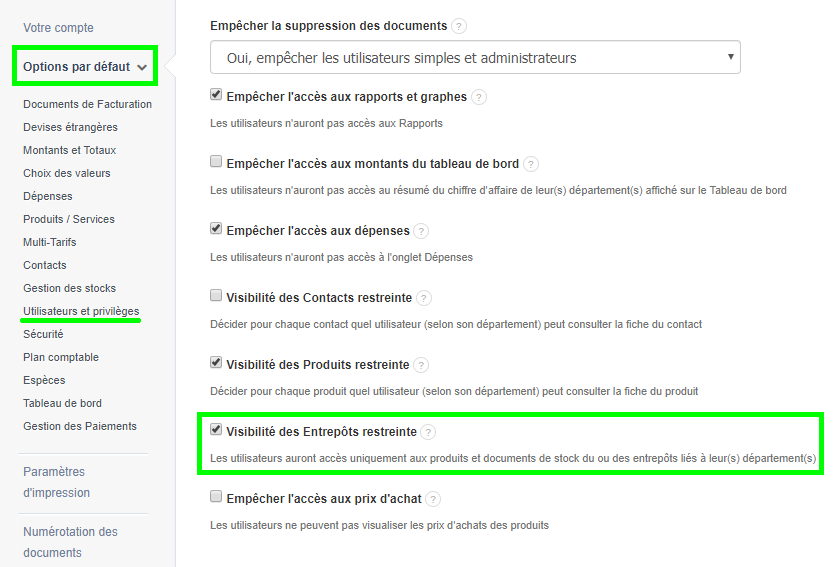 Facturation Accès Utilisateur Restriction Entrepôt Stock Gestion