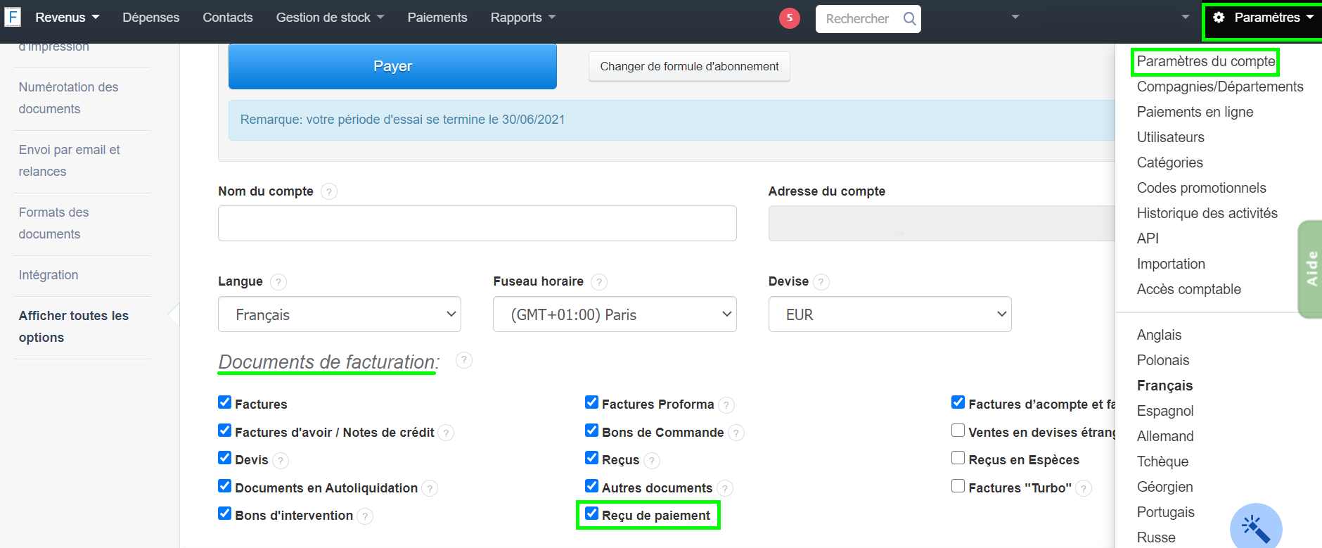 Facture Reçu Paiement Activation