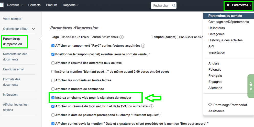 Ajouter un&nbsp;Cachet&nbsp;et/ou un Espace Vide pour Signature Facturation en Ligne VosFactures.fr