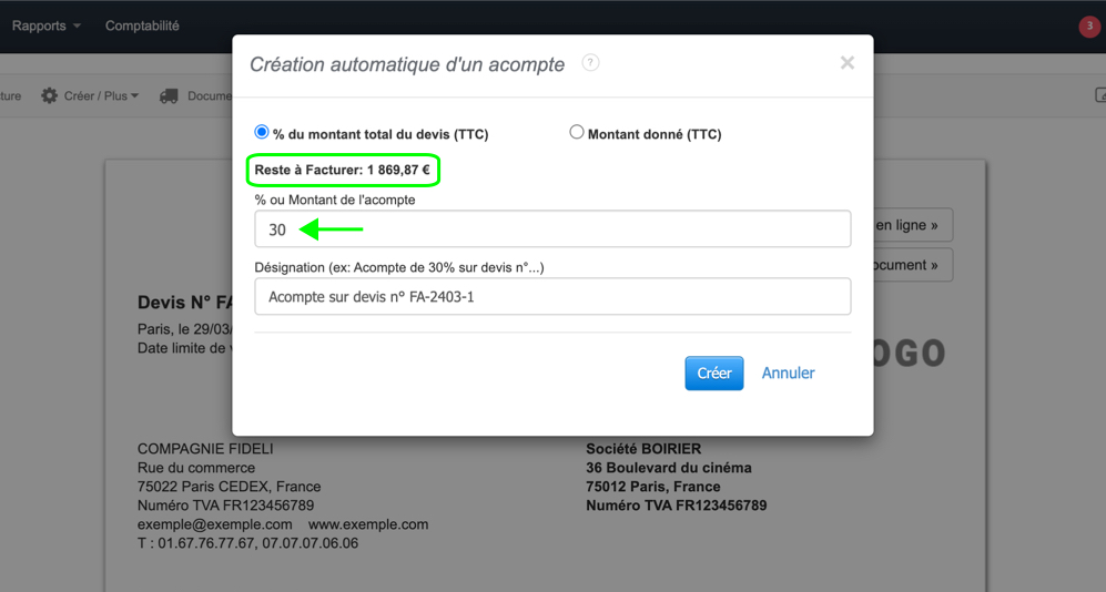 Créer Acompte depuis Devis VosFactures Facture d'Acompte Facturation 