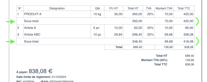 Exemple Facture sous total aperçu