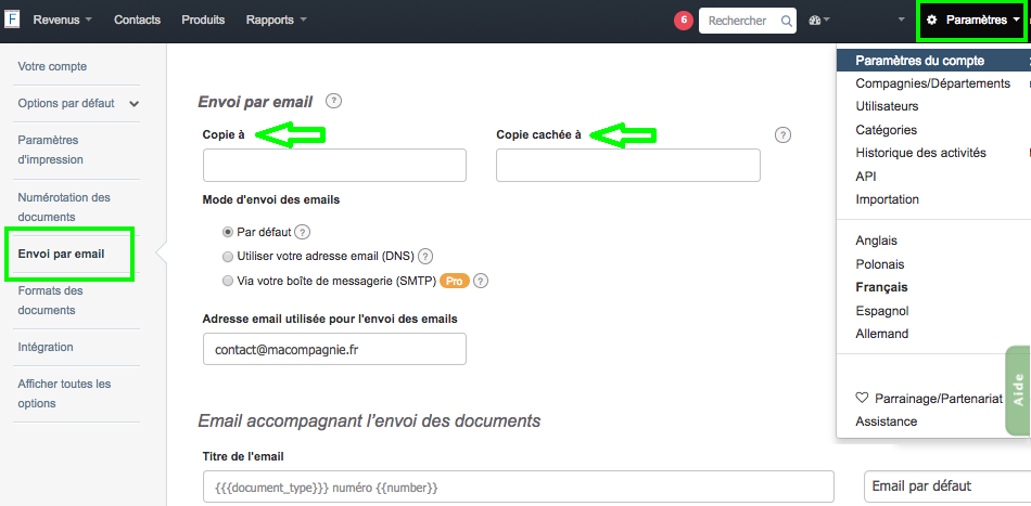 Envoyer en Ligne Facture Copie CC Envoi Mail en Copie Caché Vosfactures.fr