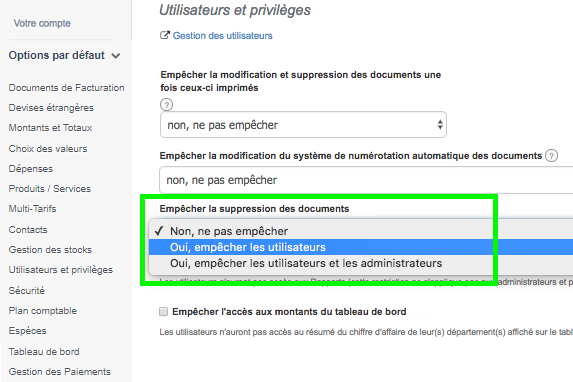Suppression Protection Paramètres Comptes VosFactures Personnalisation Facturation 