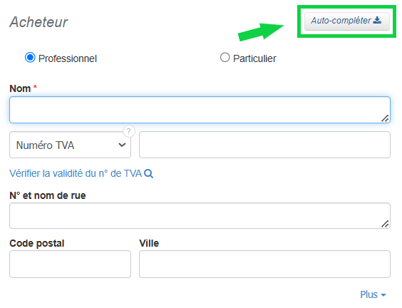 Bouton auto-compléter permet de récupérer automatiquement les données d’une entreprise à partir de son numéro d’identification.