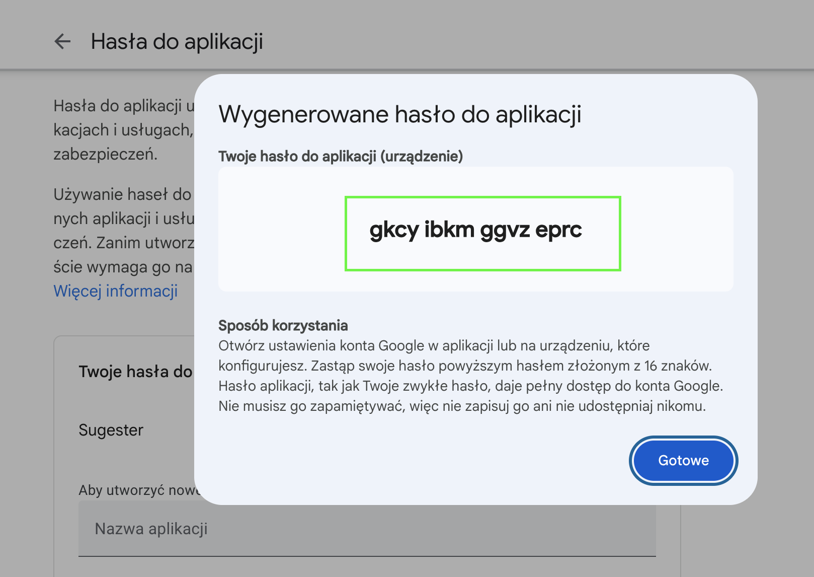 hasło do aplikacji w google
