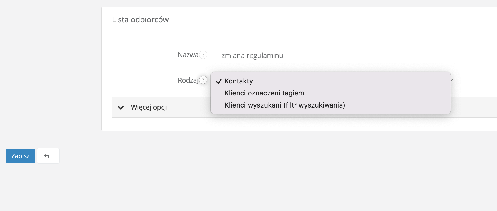 Okno tworzenia nowej listy odbiorców