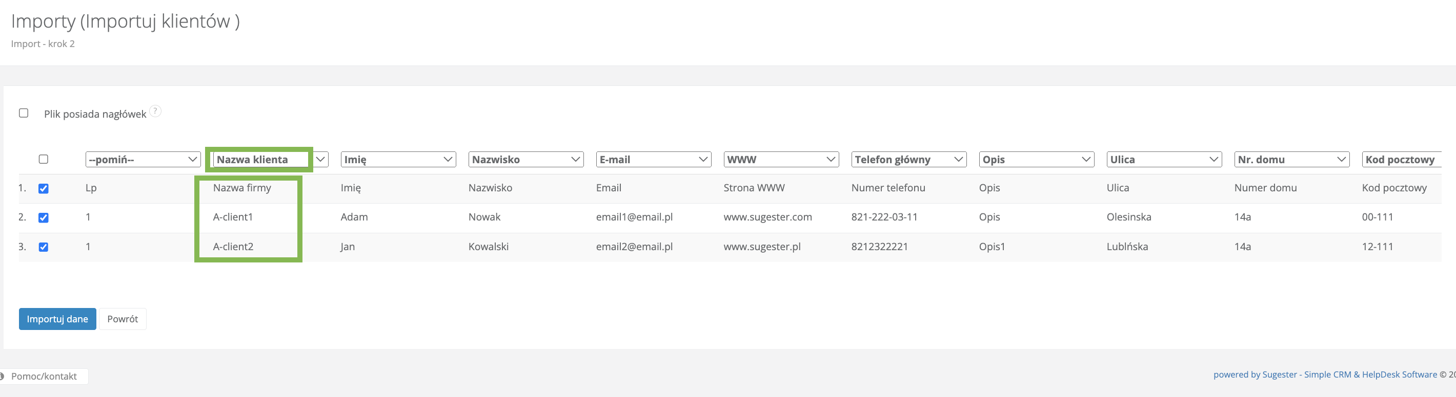 Kolumny i nagłówki pliku do importu