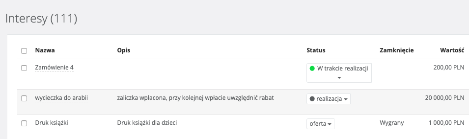 Fragment listy interesów w Sugesterze z kolumnami nazwa, opis, status, zamknięcie i wartość