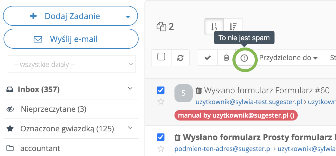 Fragment inboxu z zaznaczoną ikoną w górnym menu - to nie jest spam-
