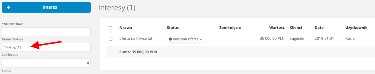 Lista interesów w Sugesterze z wyszukiwarką po lewej stronie i wskazanym w wyszukiwarce polem Numer faktury
