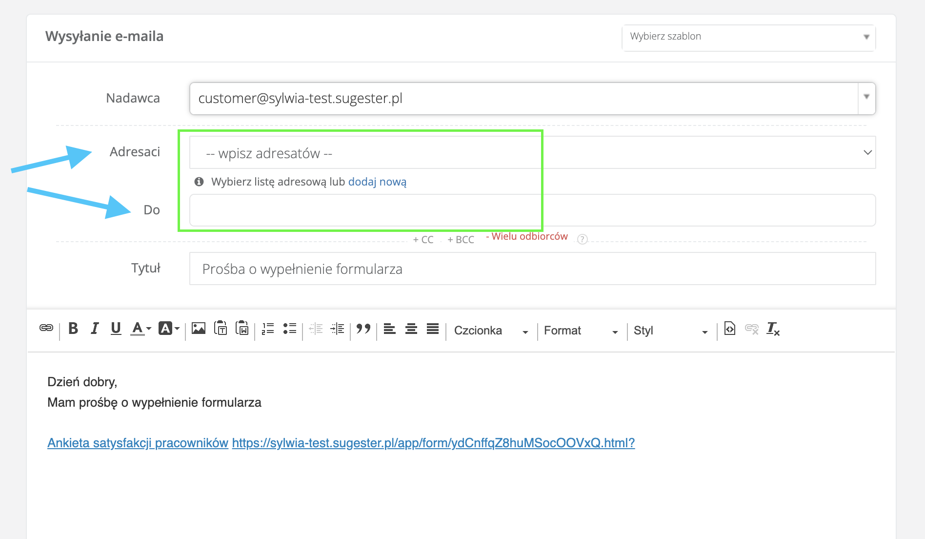 Adresaci wysyłki linku do formularza