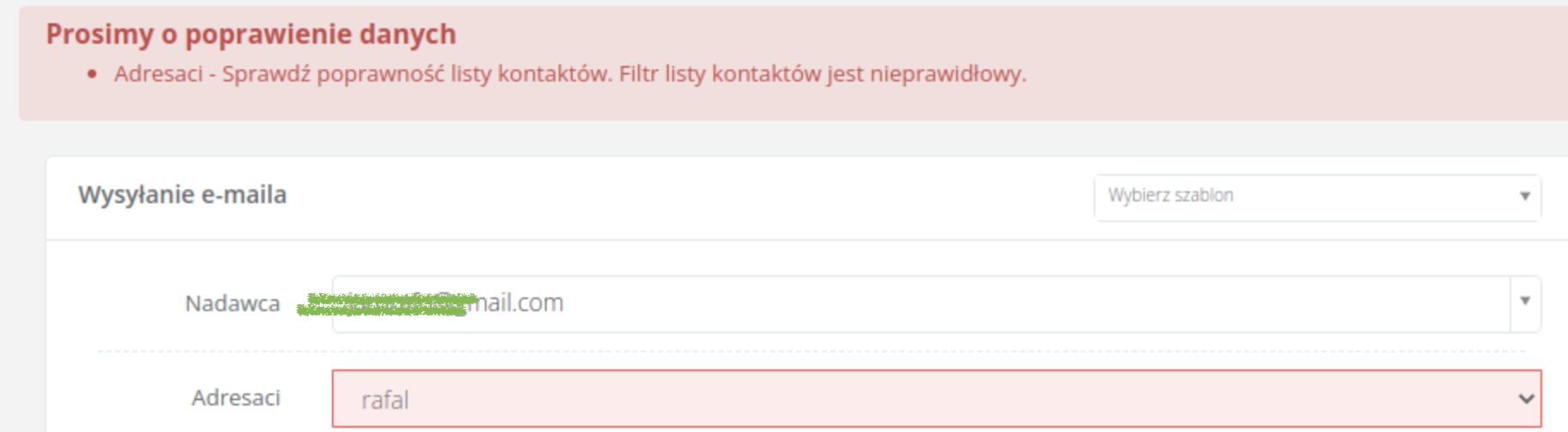 Okno do wyboru listy odbiorców podczas tworzenia mailingu z komunikatem na czerwono, że filtr do listy jest zły