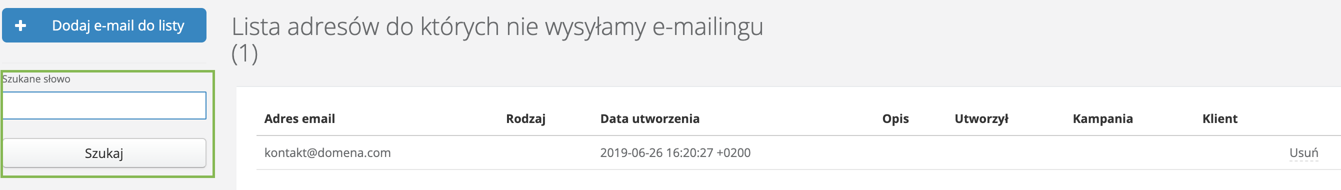 Lista unsubscribe z wyszukiwarką po lewej stronie