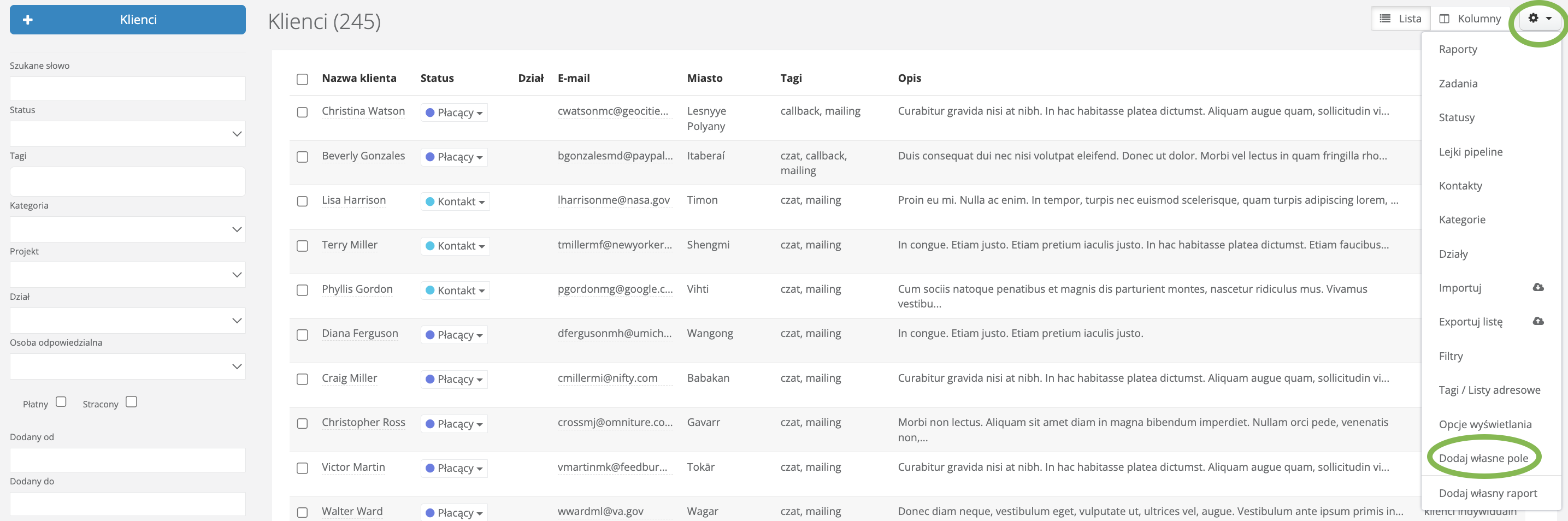 Rozwijana lista z dodatkowymi opcjami na liście klientów w CRM