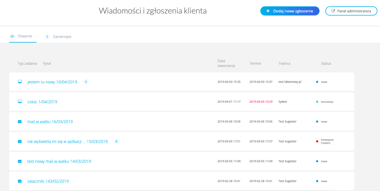 Widok listy zgłoszeń w portalu klienta w Sugesterze