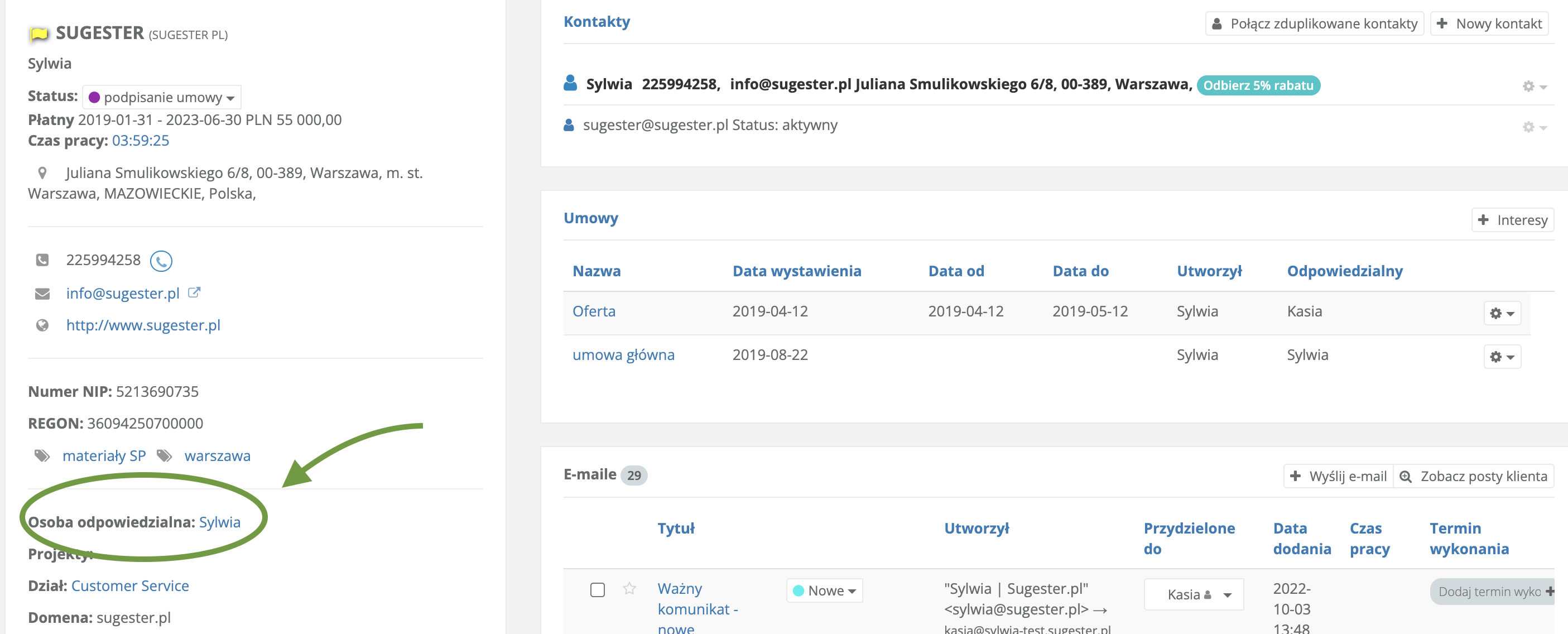 karta klienta z Sugestera z oznaczoną osobą odpowiedzianą za klienta