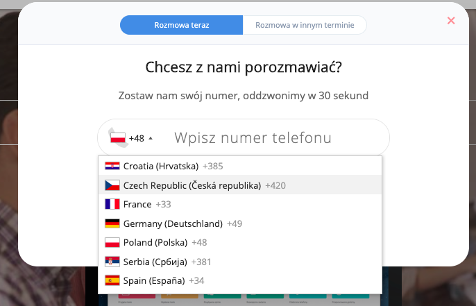 Popup callback z rozwiniętą listą dostępnych języków