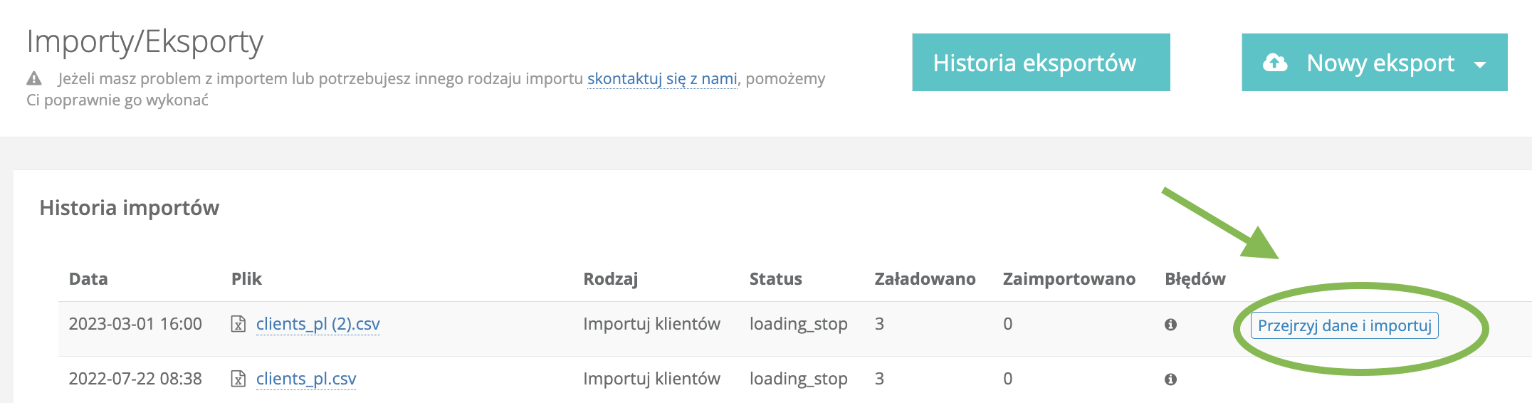 Przycisk do przejrzenia danych pobranych z pliku i importu