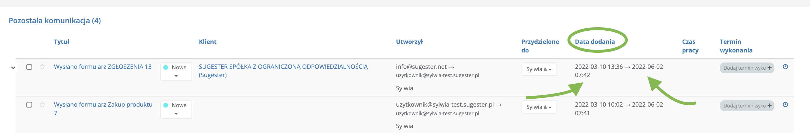 Widok listy maili na karcie projektu w Sugesterze