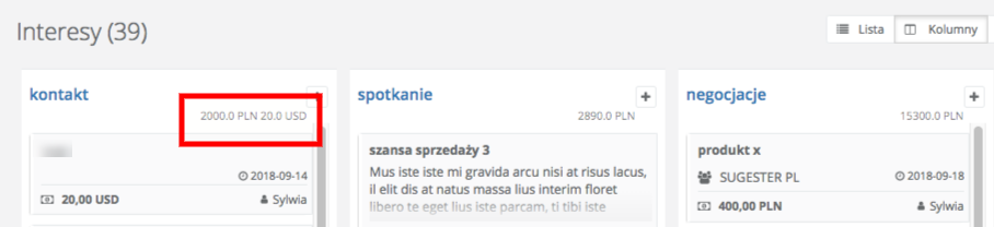 Widok kanban interesów z wyświetlaną sumą interesów w każdej kolumnie na górze po prawej stronie tej kolumny