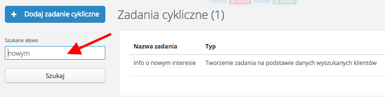 Lista zadań cyklicznych w Sugesterze z wyszukiwarką po lewej stronie