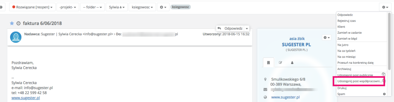 Widok otwartego maila z rozwiniętym menu po prawej stronie i wskazaną opcją Udostępnij  post współpracownikowi