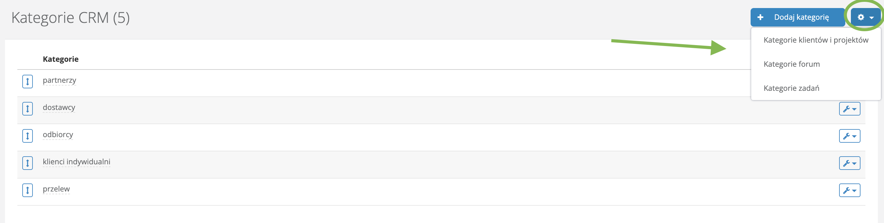 Lista kategorii CRM z rozwiniętym menu po prawej stronie pozostałych list kategorii