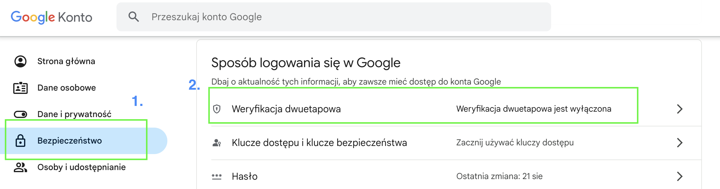 Weryfikacja dwuetapowa na koncie Google