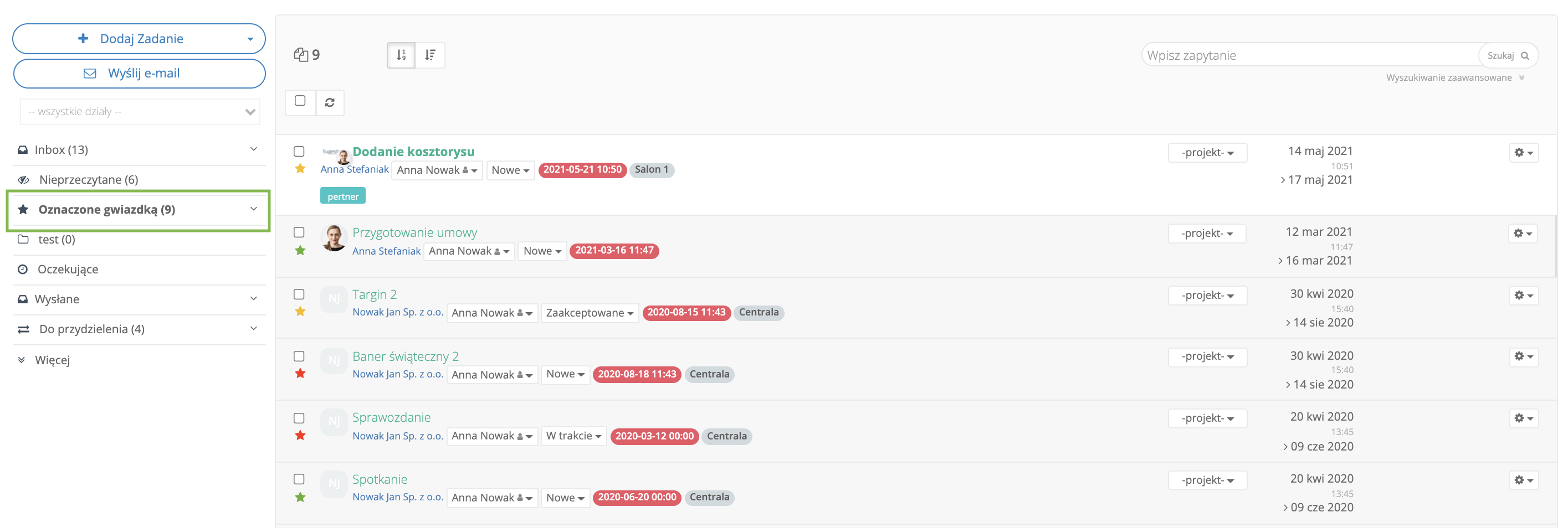 Widok listy zgłoszeń w inboxie z zaznaczonym na zielono folderem oznaczone gwiazdką po lewej stronie