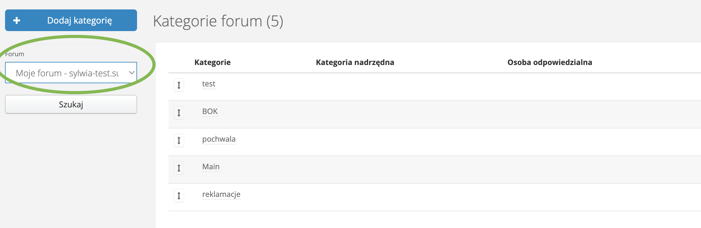 Lista kategorii forum w Sugesterze
