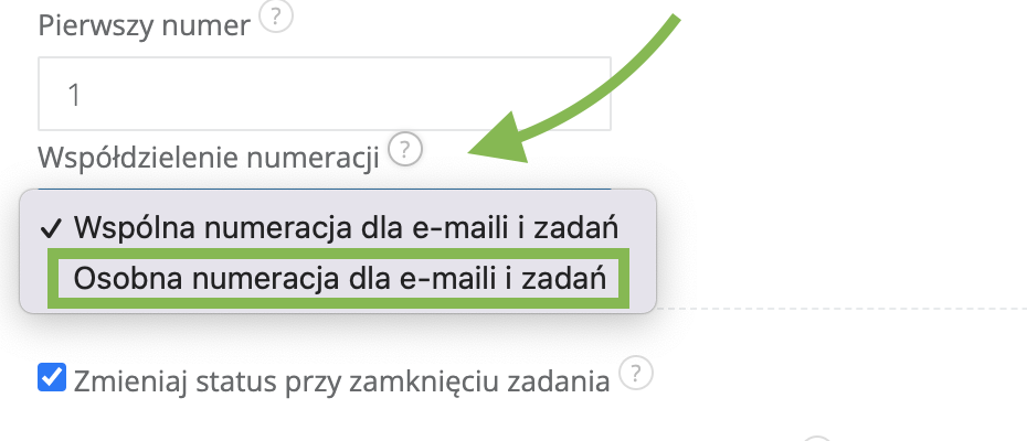 Pole w konfiguracji Sugestera do ustawienia oddzielnej numeracji maili i zadań