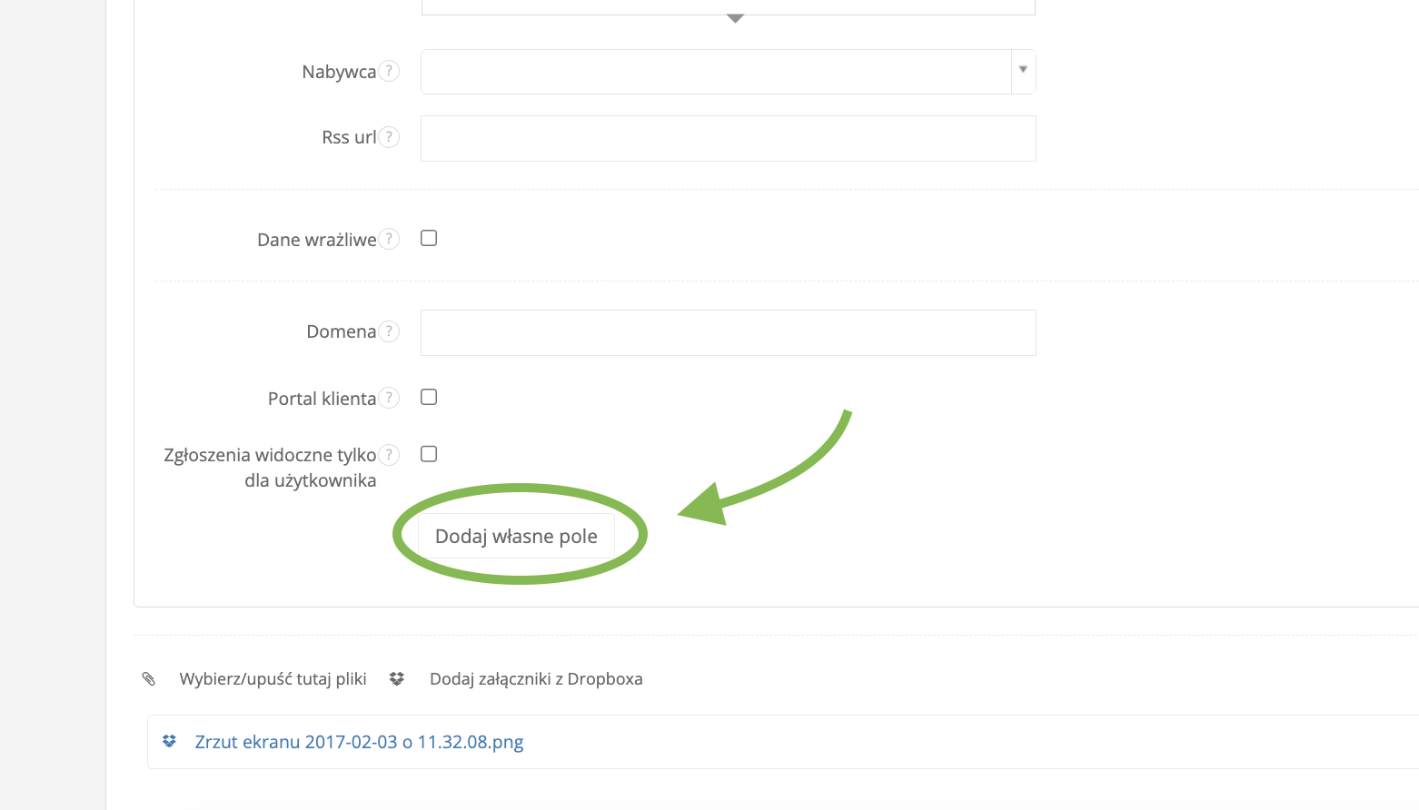 Część formatki edycji klienta w CRM z przyciskiem dodaj pole własne